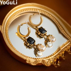 Retro Jewelry  Senior Sense Round Circle Black Glass Dangle Earrings For Women Girl Gift