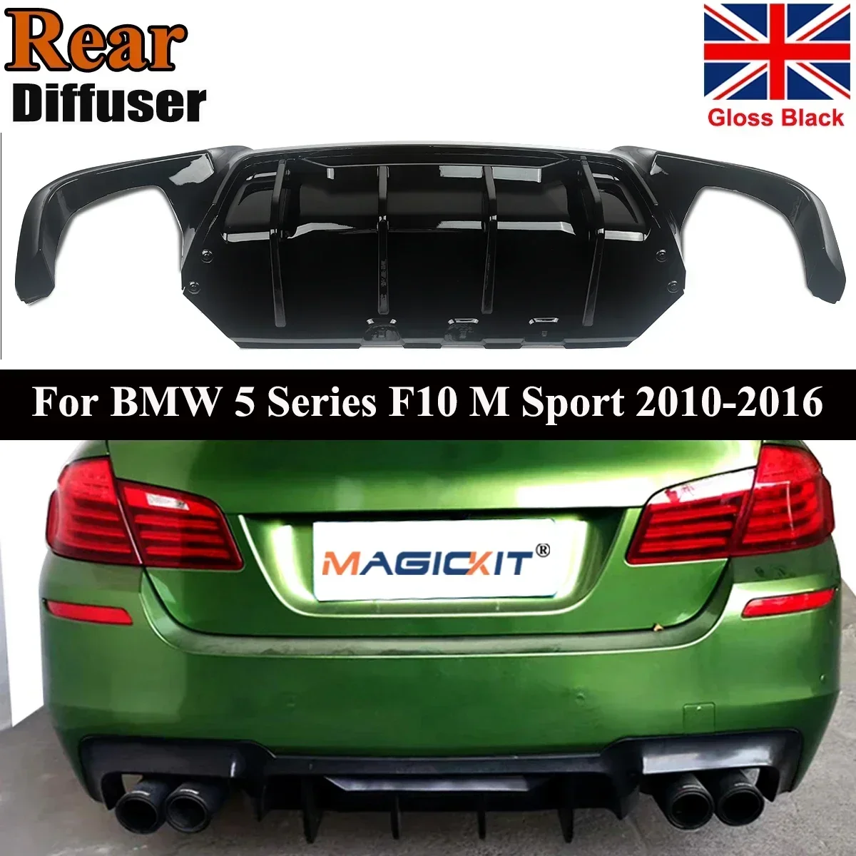 MagicKit Glossy Black Quad Exhaust Rear Bumper Diffuser Lip For BMW 5 SERIES F10 F11