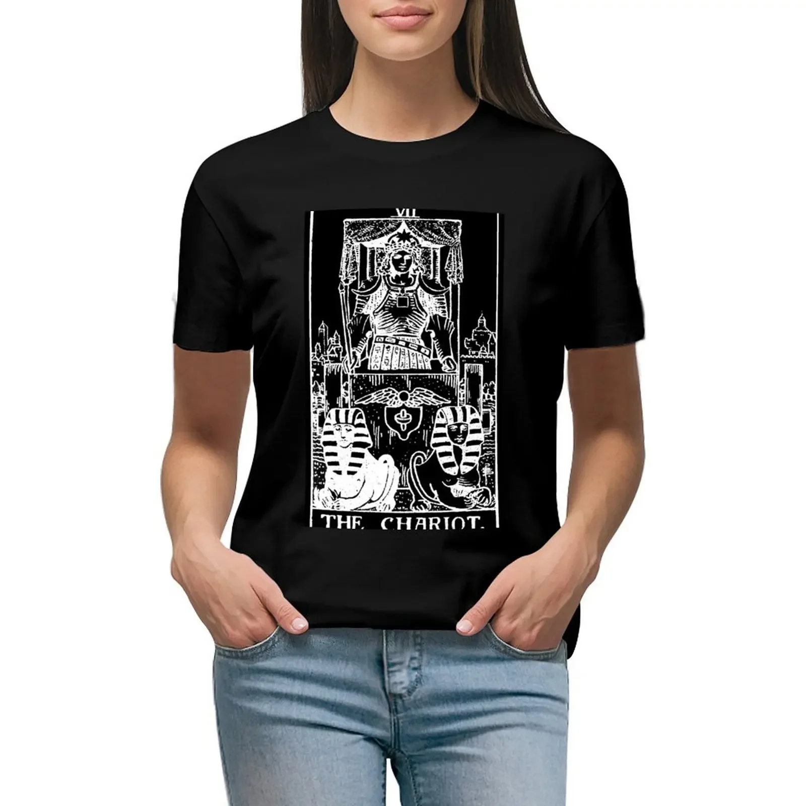 VII. The Chariot Tarot Card Obsidian and Pearl T-Shirt oversized lady clothes t shirts for Women loose fit