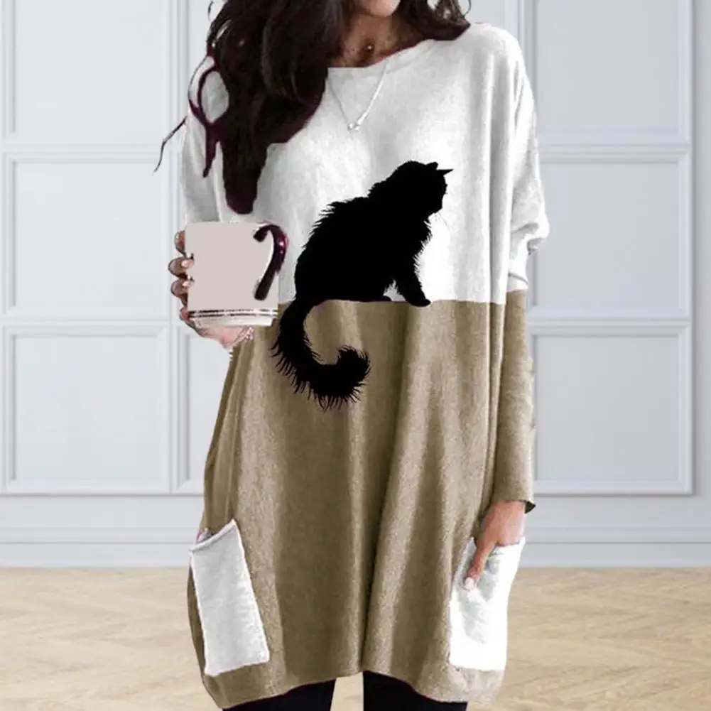 Comfortable Polyester Spandex T-shirt Stylish Women's Long Sleeve Sweater Soft Stretchy Black Cat Print Top with Pocket