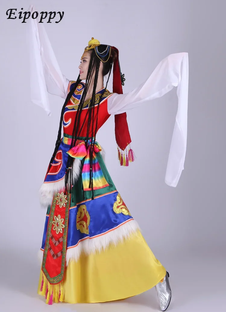 Trajes de dança tibetana para mulheres, mangas compridas de seda branca, vestido feminino, roupas de dança tibetana