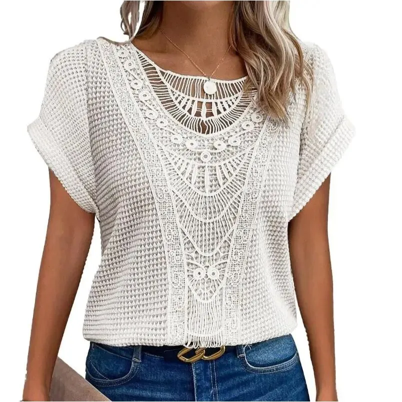 Fashion Lace Stitching Tshirt Women's Summer Casual Cleanfit Style A-Line Sleeve Linen Material Other Material 100%