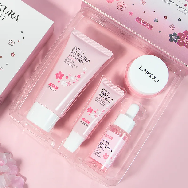 Kit produk wajah perawatan kulit Sakura Set Pembersih Wajah Serum pelembap wajah krim mata krim perawatan kulit Korea memperbaiki kasar