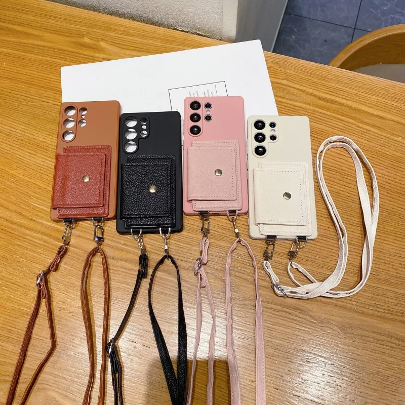 Wallet Card Holder Case for Samsung Galaxy S25 Ultra S24 FE S21 S22 S23 Plus S20 Edge Crossbody Lanyard Strap PU Leather Cover