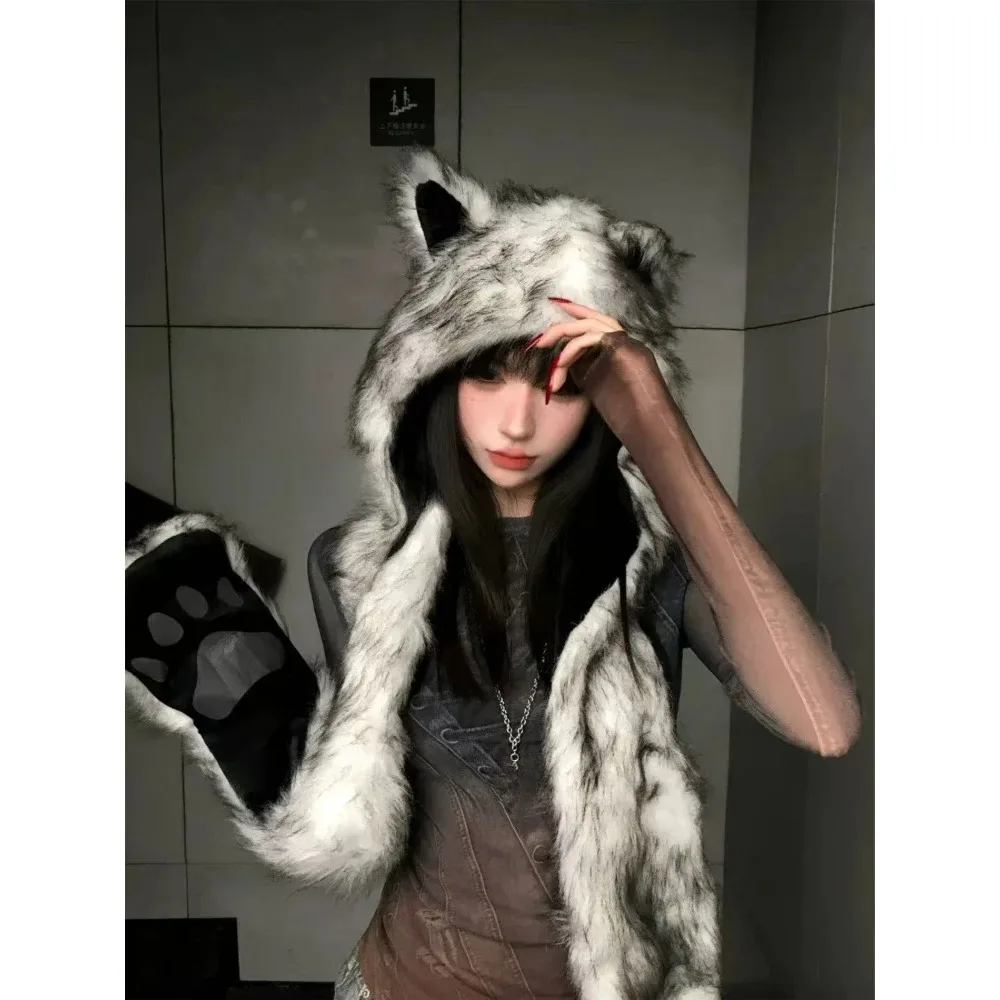 Chapeau écharpe en fourrure japonais Kawaii pour femme, garde au chaud, mode esthétique Y2k, casquette Vintage, oreilles d'ours, Streetwear Grunge, hiver