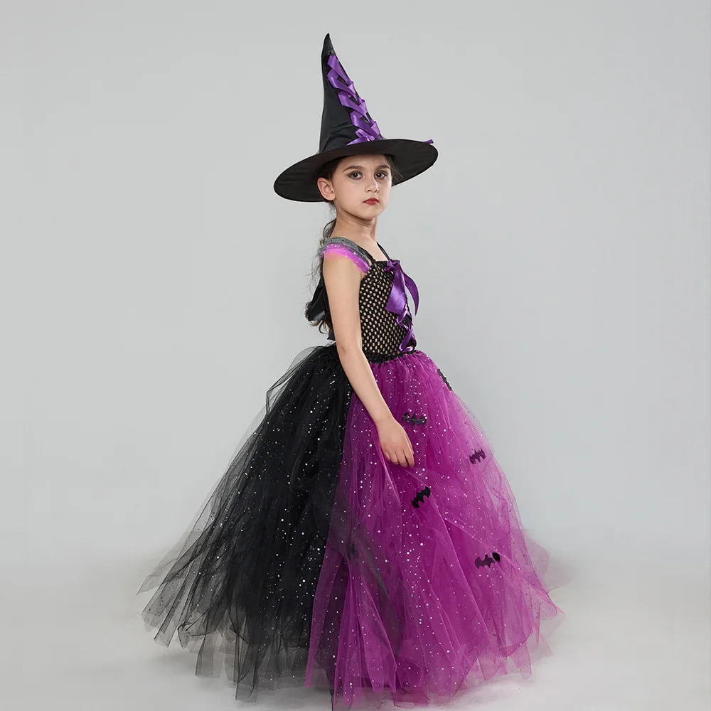 Halloween Tutu Dress Set With Sequined Hat Mesh Puffy Party Gown Tulle Outfit Holiday Stage Show Carnival Performance Clothing