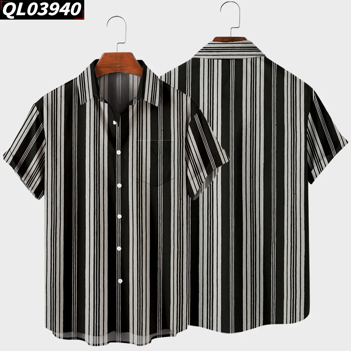 

New Men's Black Stripe Shirts Vintage Hawaiian Style Loose Plus Size Button Short Sleeve Pocket Tops Summer