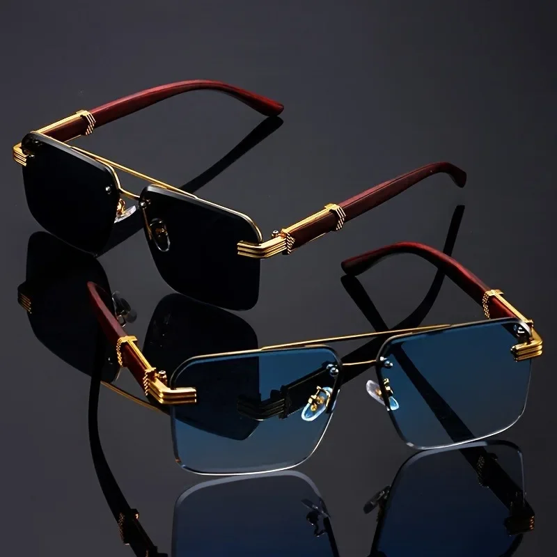 

Women's Frameless Double Beam Fashion Sunglasses Golden Border Wood Grain Bracket for Male and Female Drivers Black Eyeglasses
