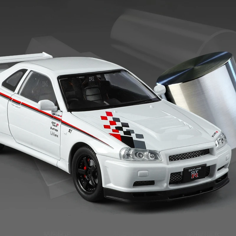 Modèle de Voiture de sport en alliage moulé sous pression, échelle 1:24, Nissan GTR34, son et lumière, jouet pour enfants, Collection de véhicules miniatures