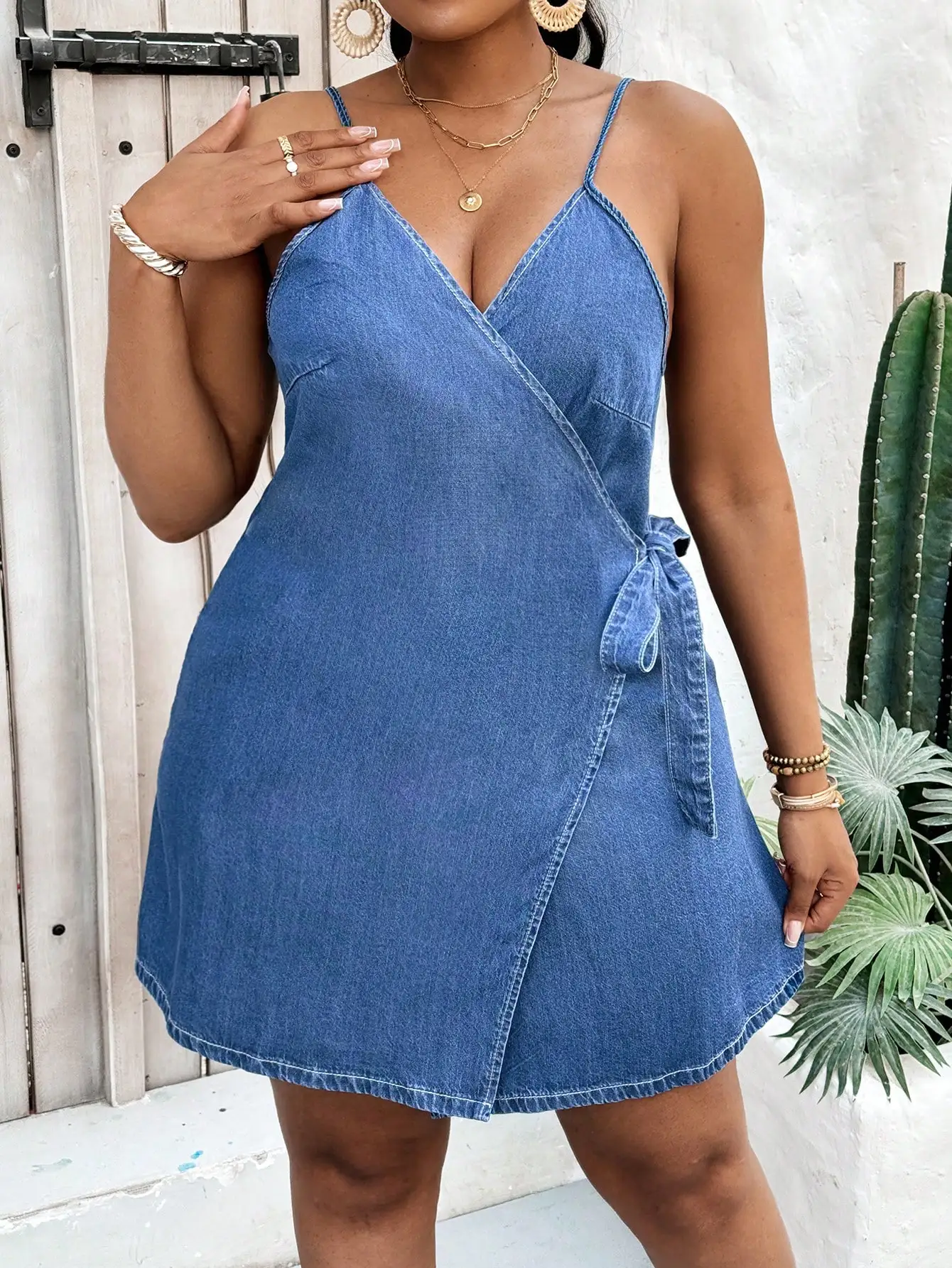 

Denim Wrap Mini Dress With Spaghetti Strap V Neck Casual Summer Outfit