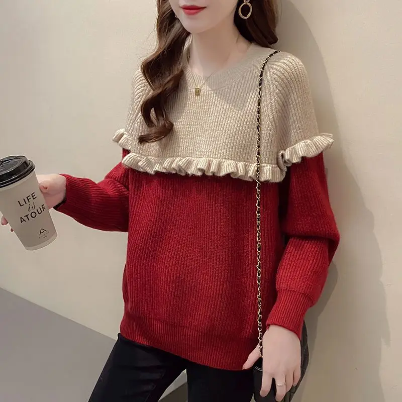 Women\'s Fashion Patchwork Ruffled Round Neck Pullover Sweater 2023 Autumn and Winter New Slim Long Sleeve All Match Knitted Tops