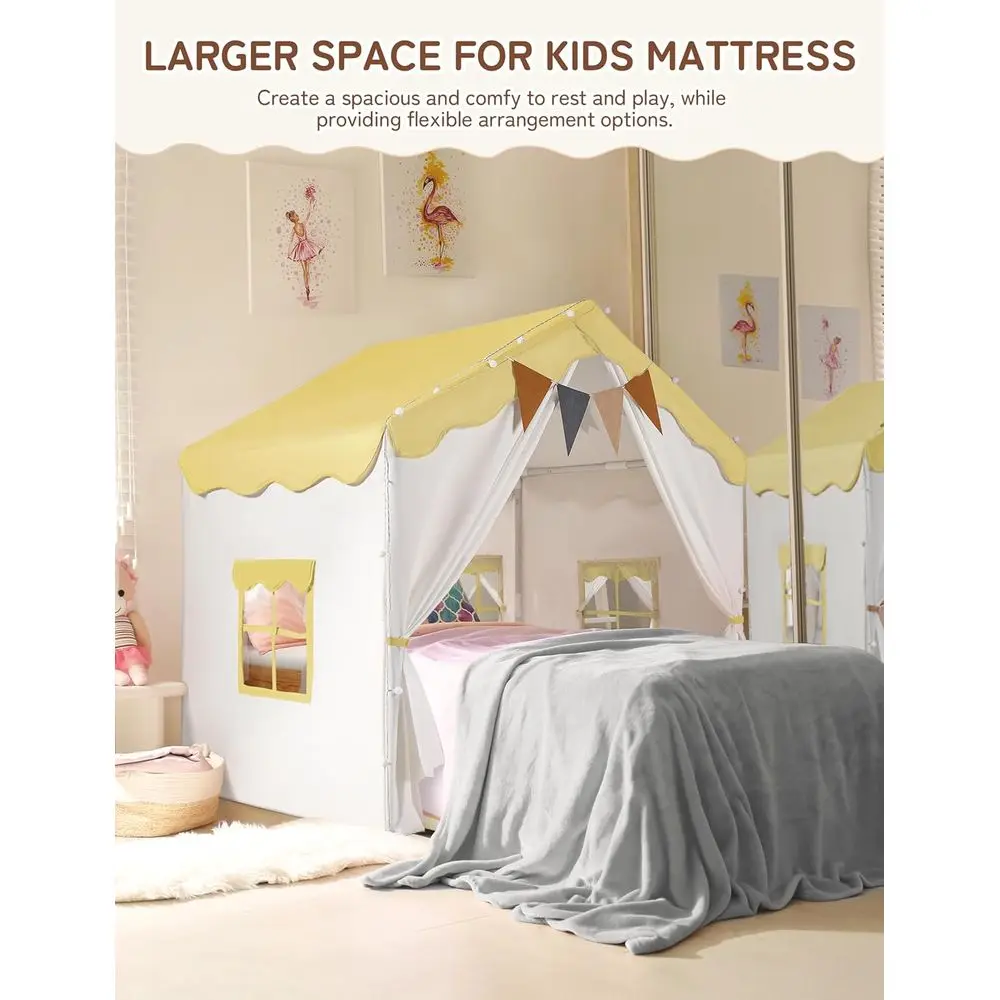Tenda da gioco per bambini 2 in 1 con tappetino imbottito e luci, casetta da gioco per bambini grande con 2 ante e 4 finestre, per interni ed esterni, gialla
