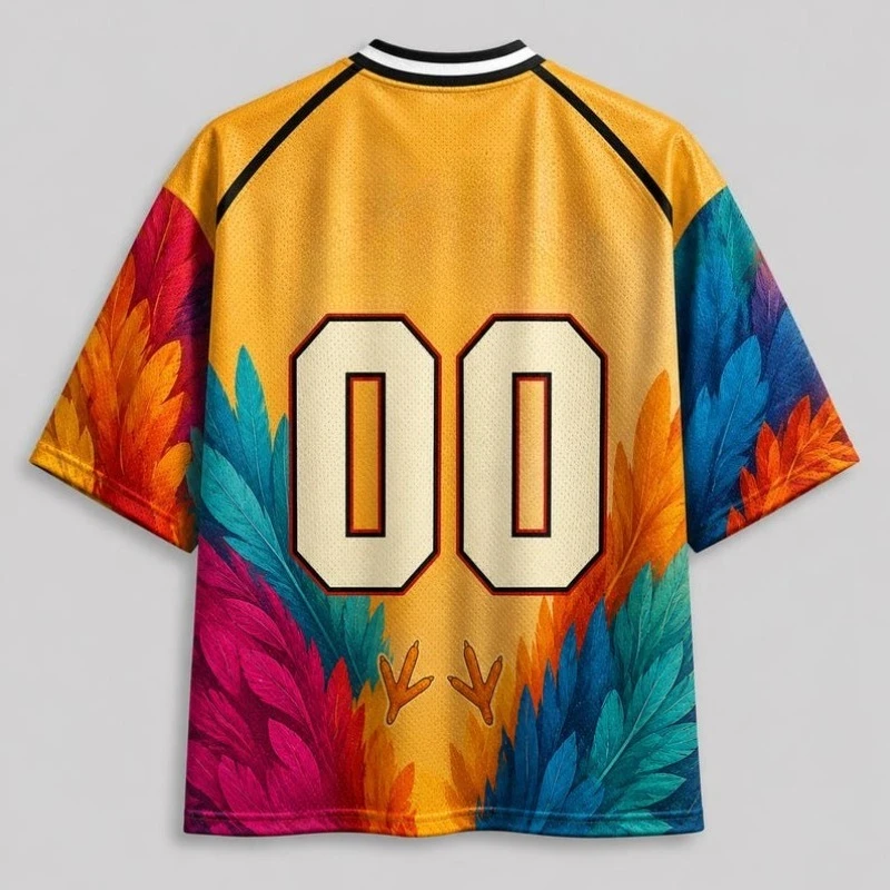 Fun and crazy rooster mesh football shirt with silly chicken pattern T-shirt, oversized colorful feather street style top