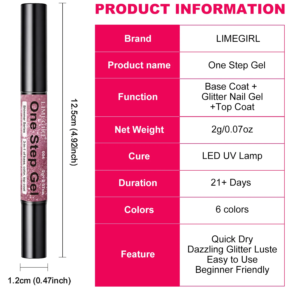 LIMEGIRL 3-IN-1 Glitzer One-Step Gel-Nagellackstift, keine Grundierung oder Top Coat erforderlich, schnelltrocknend, langanhaltend, UV-LED Glitzer-Nagelgelstift – Detail 7