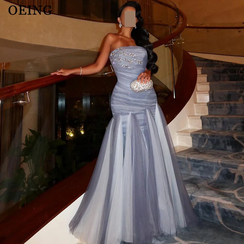 

OEING A-Line Blue Prom Dresses Elegant Strapless Contrast Color Party Gowns Pleats Floor-Length Soft Tulle Dress Customized