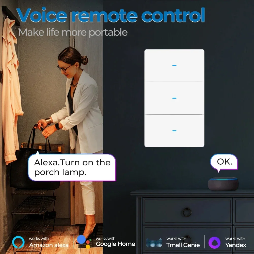 Tuya WiFi 1 2 3 gang US Smart Light Switch Push Button Switch With Neutral Wire Smart Life  2-Ways Control Via Alexa Google Home