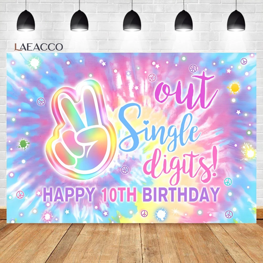 Laeacco Happy 10th Birthday Backdrop Out Single Digit Tie Dye Rainbow It's My 10 Years Old Party Portrait Photography Background