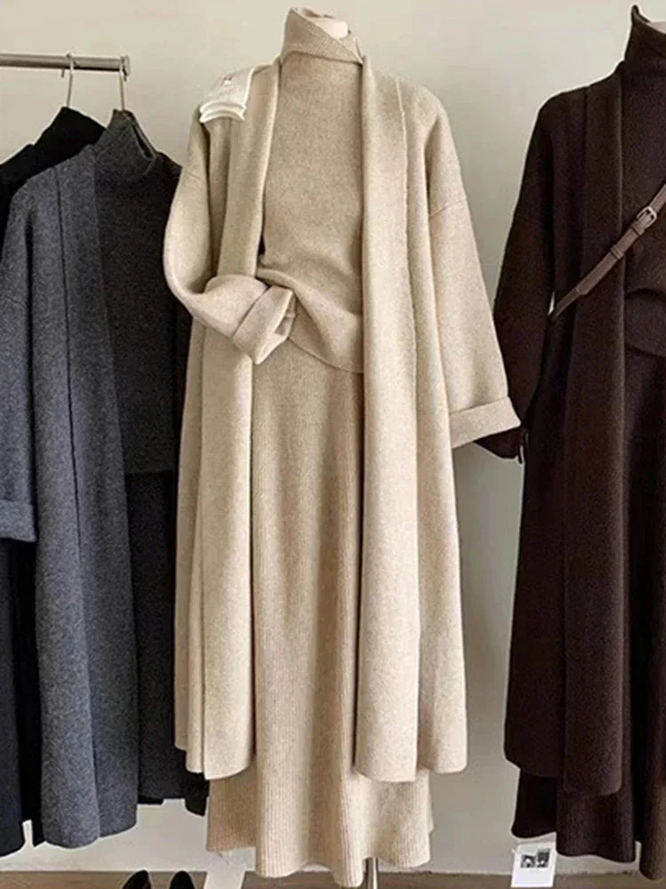 BZVW Fashion Knited Three Piece Set Women\'s Turtleneck Vest Long Cardigan With Solid Color Casual Skirts 2024 Autumn New 25Z1283