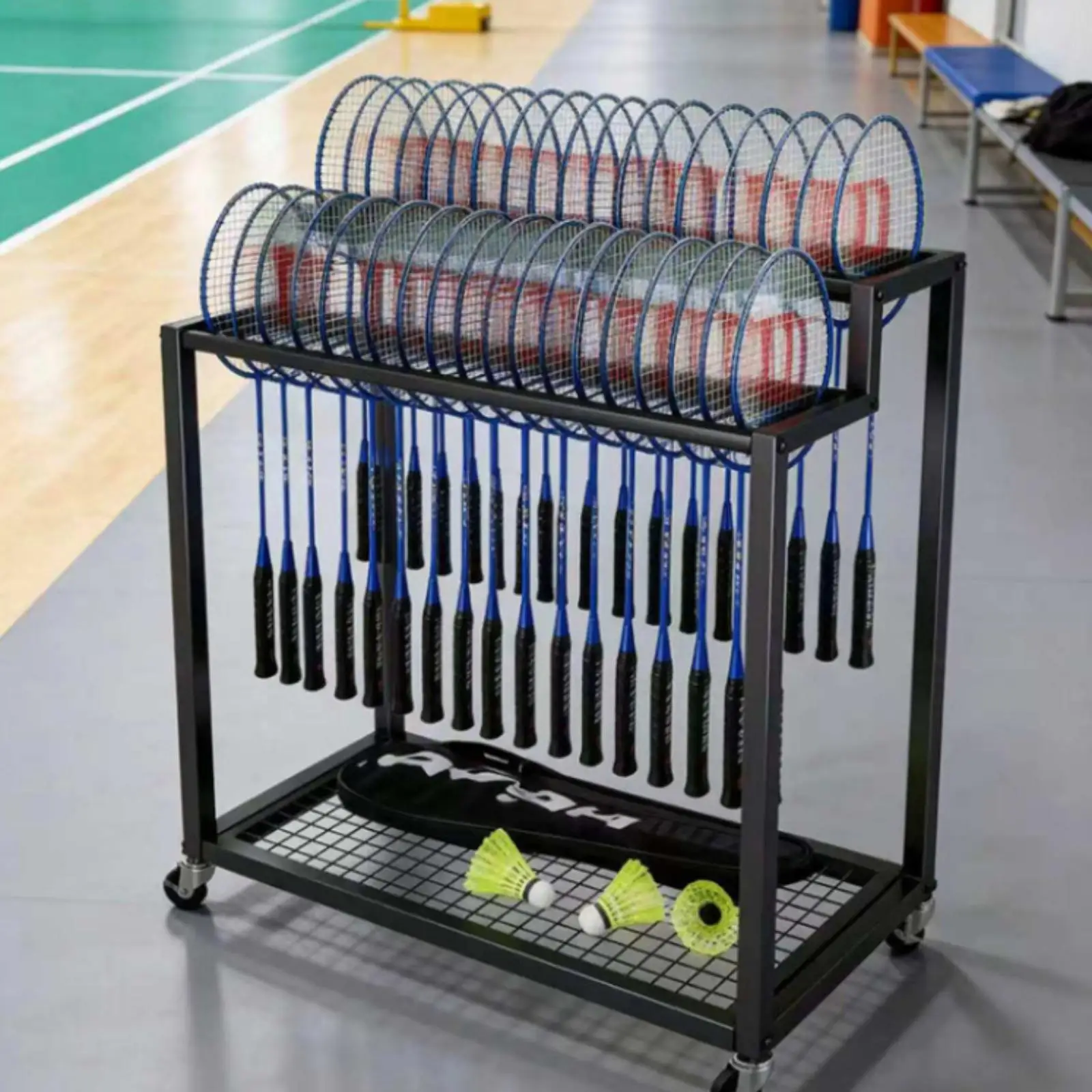 Heavy Duty Badminton Rack Organizer for 32 Rackets Carbon Steel Construction with Lower Accessory Shelf and Wheels