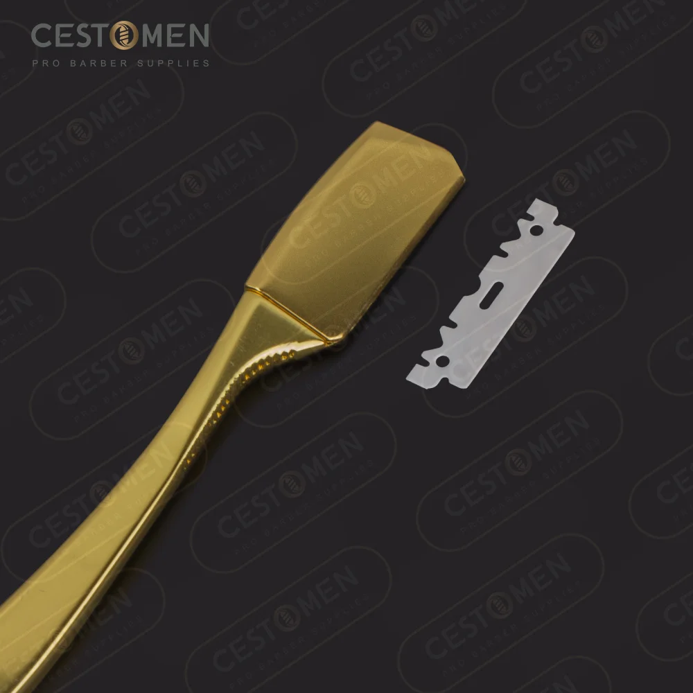 CestoMen Long Handle Unfoldable Men\'s Shaving Razor Electroplated Gold Single Bladed Barber Straight Edge Razor for Barbershop