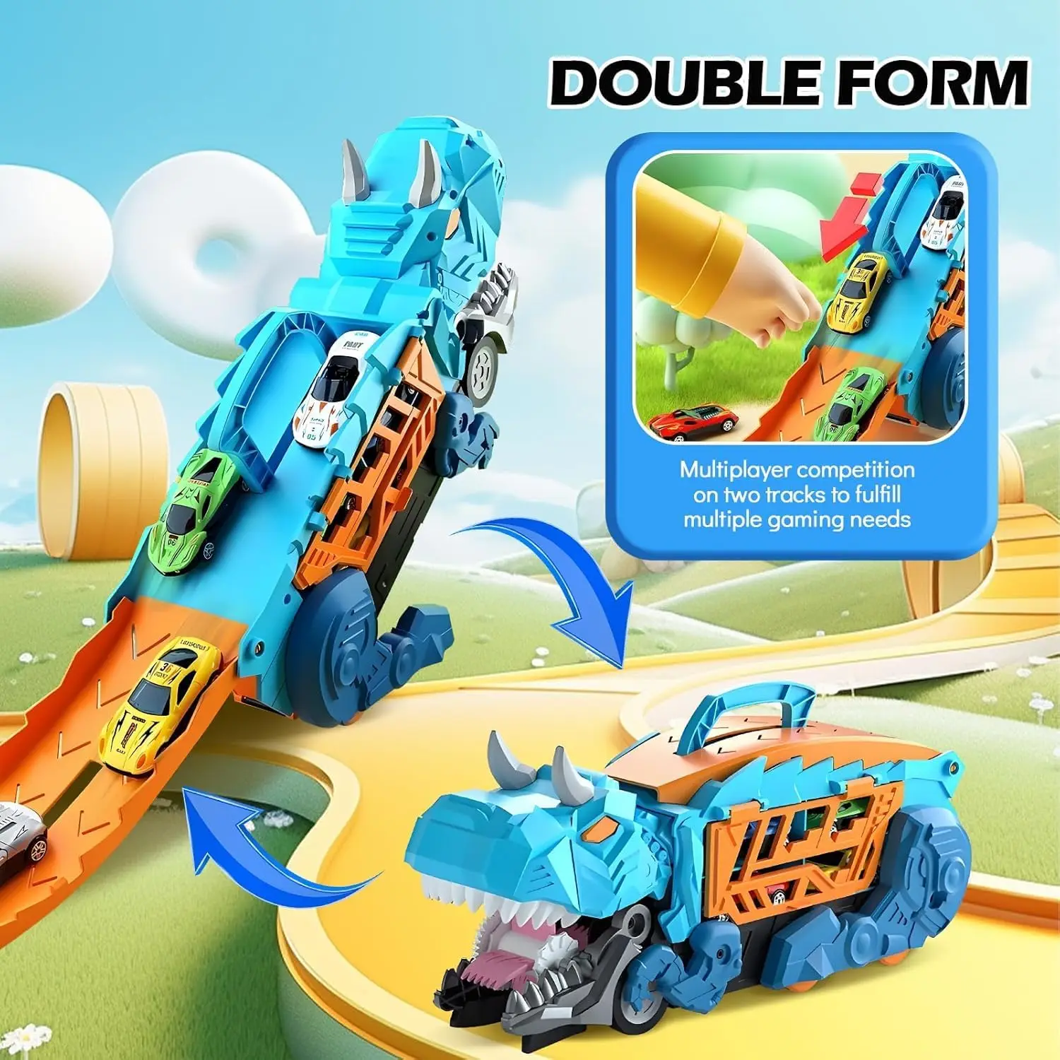 Zabawka 2w1: kolejka z dinozaurami, składana zjeżdżalnia, ciężarówka transportująca dinozaury, samochód do przechowywania, metalowy samochód wyścigowy, prezent dla dzieci w wieku 3-5 lat