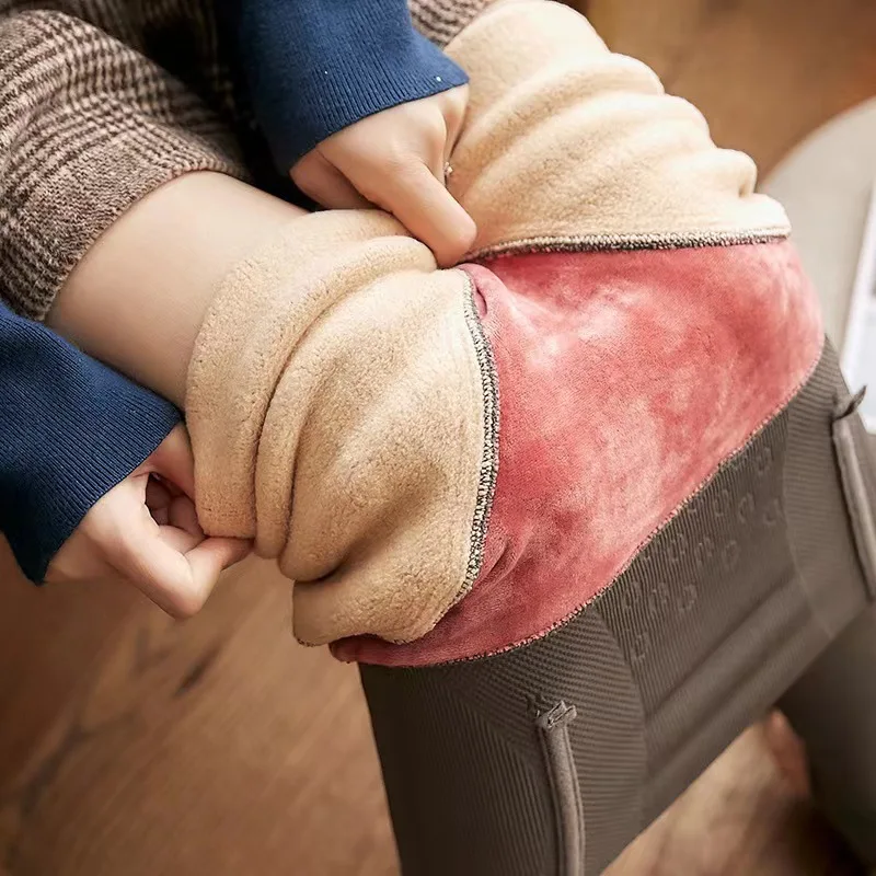 Autumn and Winter Gray See-through Leggings Socks for Women Fleece-lined Thick High Waist Belly Contracting