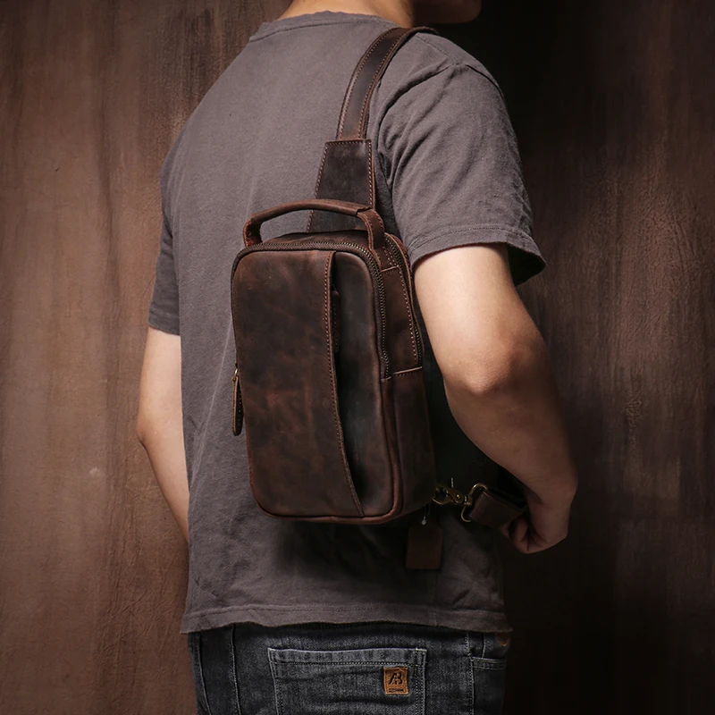 GURO Men\'s Higher Quality Chest Pack Vintage Genuine Leather Travel Sling Bag Male Luxury satchel Crazy Horse Cowhide Crossbody