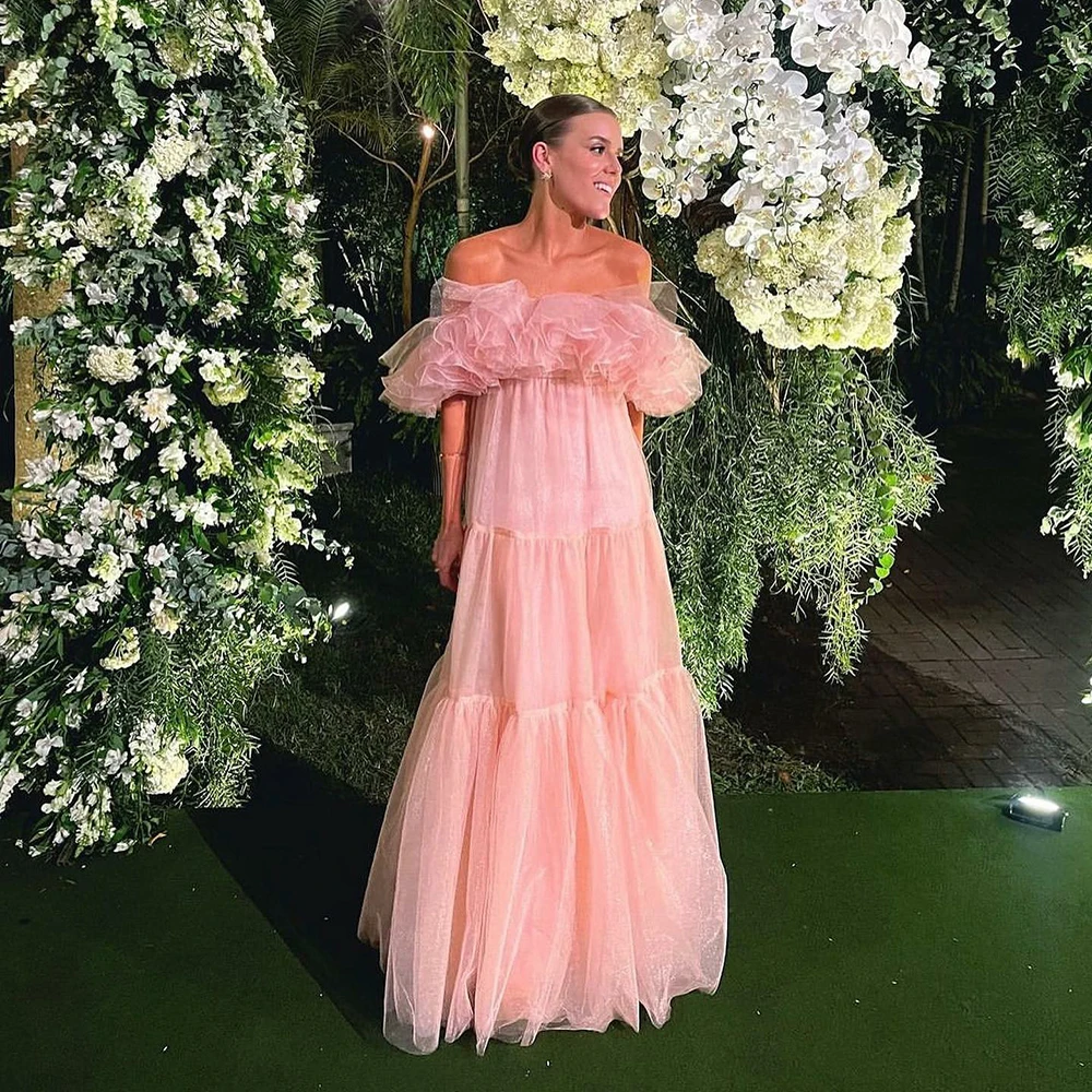 

Msikoods Luxurious Pink Prom Dresses Tiered Tulle Tulle Ruffle Off Shoulder Evening Dress 2025 Party Formal Gown Customized