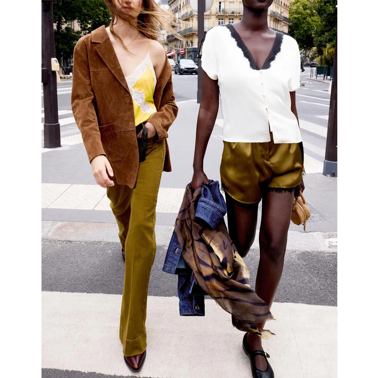 V-Ne cor blo renda guarnição cetim de seda sensação irt calças casuais conjunto feminino faion outono coleção neutra sle cintura média