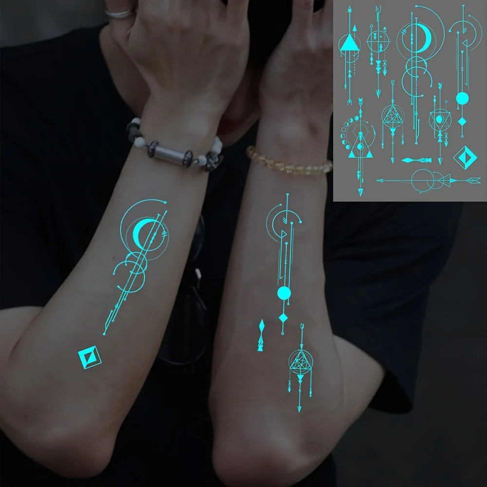 1 piece of luminous moon geometric waterproof temporary tattoo suitable for women and men. Can be used on arms, neck, shoulders.