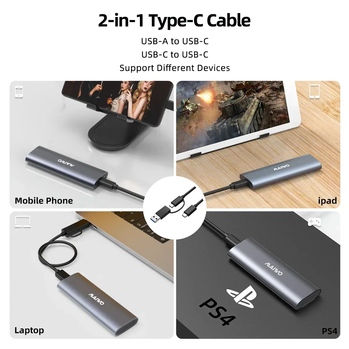 MAIWO 2-in-1 Type-C ケーブル M.2 NVMe SATA SSD エンクロージャ アダプター 10Gbps Compabitle SSD サイズ 2230/2240/2260/80 ツールフリー USB3.1 GEN2