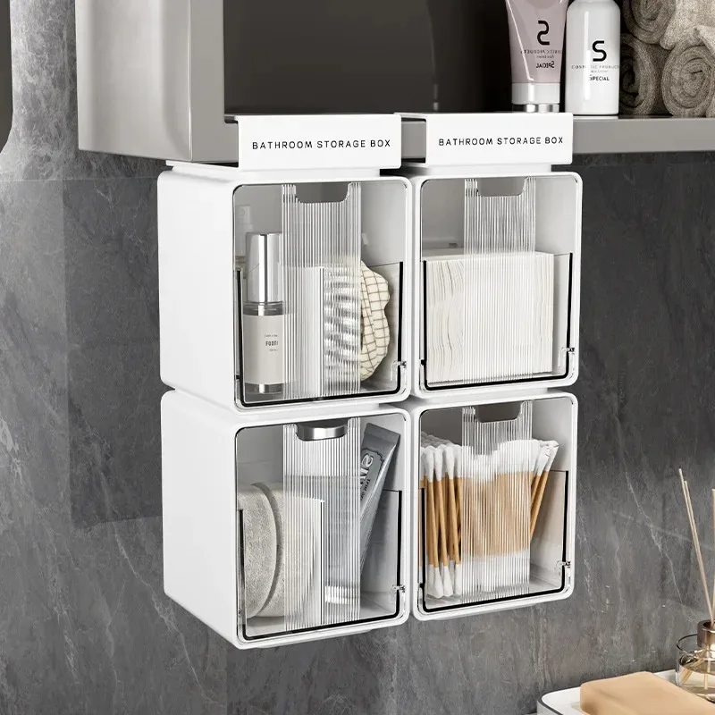 Clear Bathroom Pull-Out Storage Box for Cotton Swabs & Pads No-drill Drawer Style Organizer Under Mirror Cabinet Storage Box