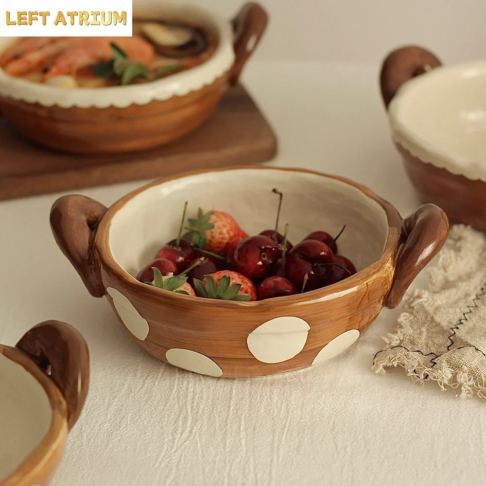 Japanese Style Vintage Porcelain Bowl Double Handles Contrast Color High Grade Ceramic Food Container Yogurt Fruit Salad Bowls view 2