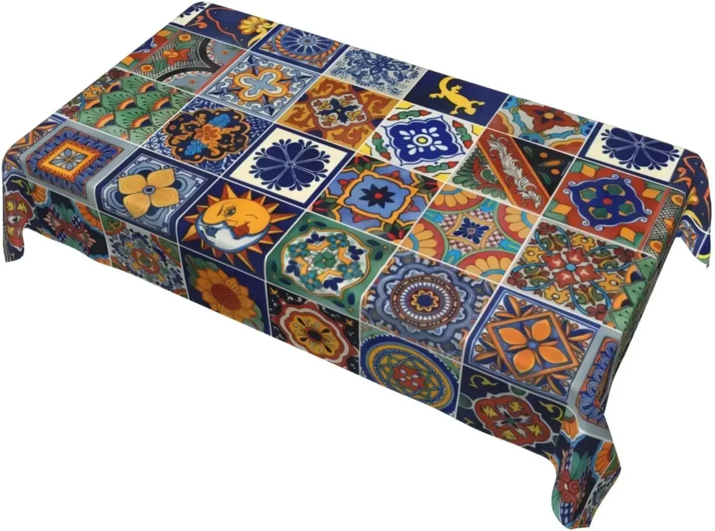 Rectangle Vintage Talavera Ceramic Tile Waterproof Tablecloth Tabletop Decor Farmhouse Kitchen Tablecloth Holiday Party Decor