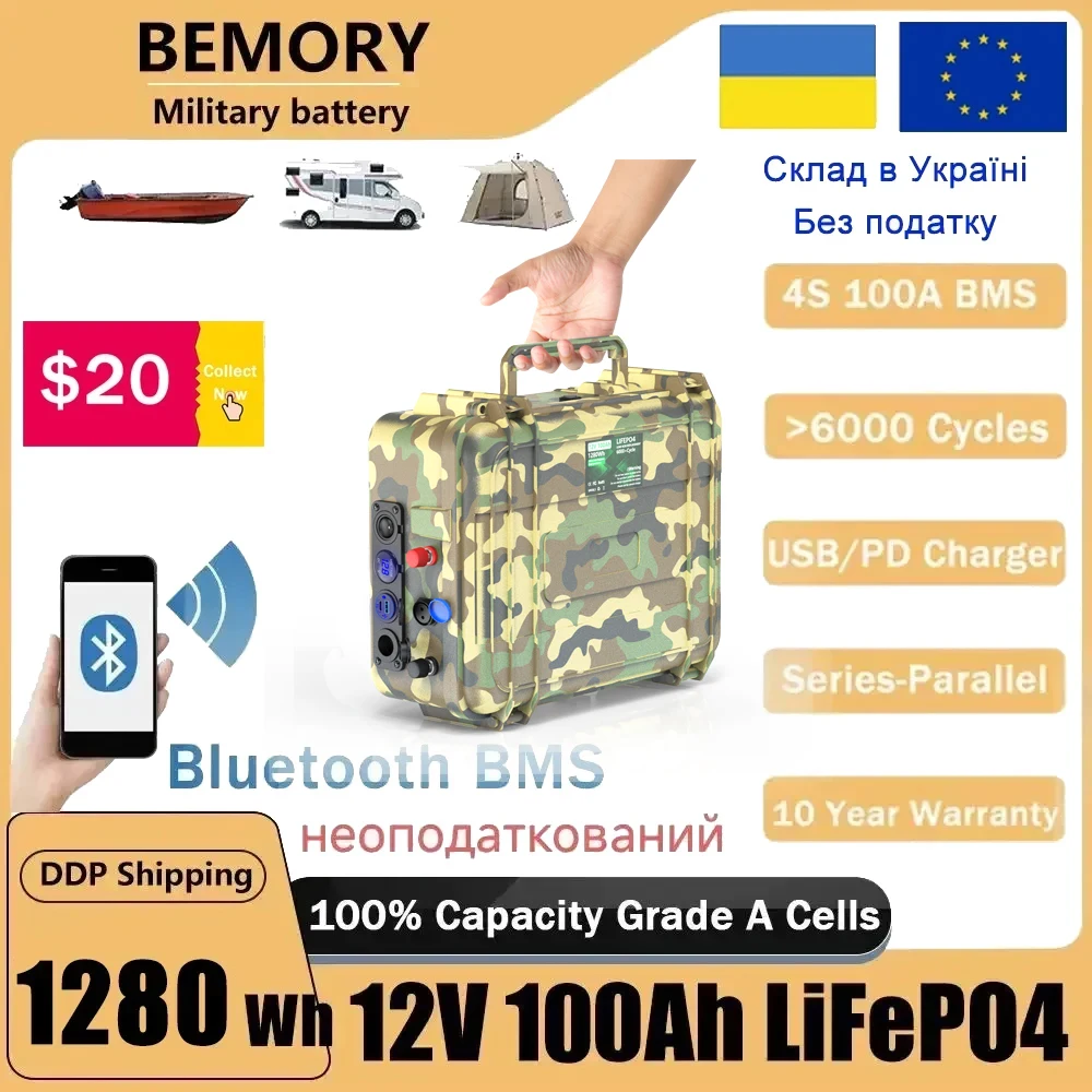 

LiFePO4 12V 100Ah Battery 1.28Kwh Bluetooth BMS 12.8V 80Ah 140Ah 6000+ Cycles Waterproof Lithium Cells For Fishing Boats No Tax