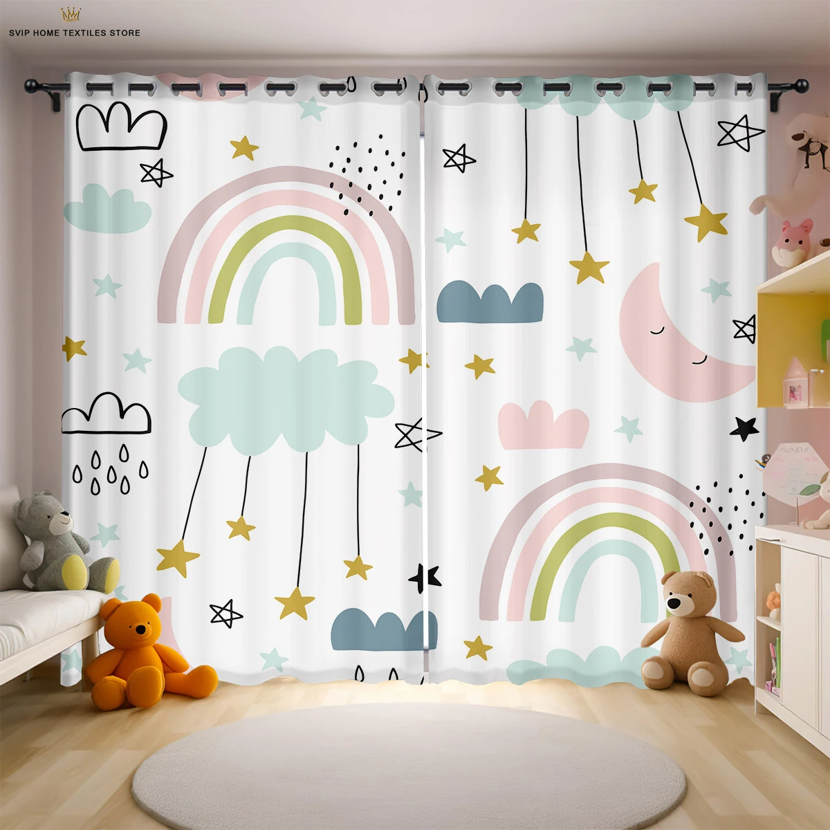 Cartoon Print Curtains for Children's Room Decoration, Cloud Stars, Cute, Bedroom, Living Room, Kitchen, Gift, 2 Pcs Set