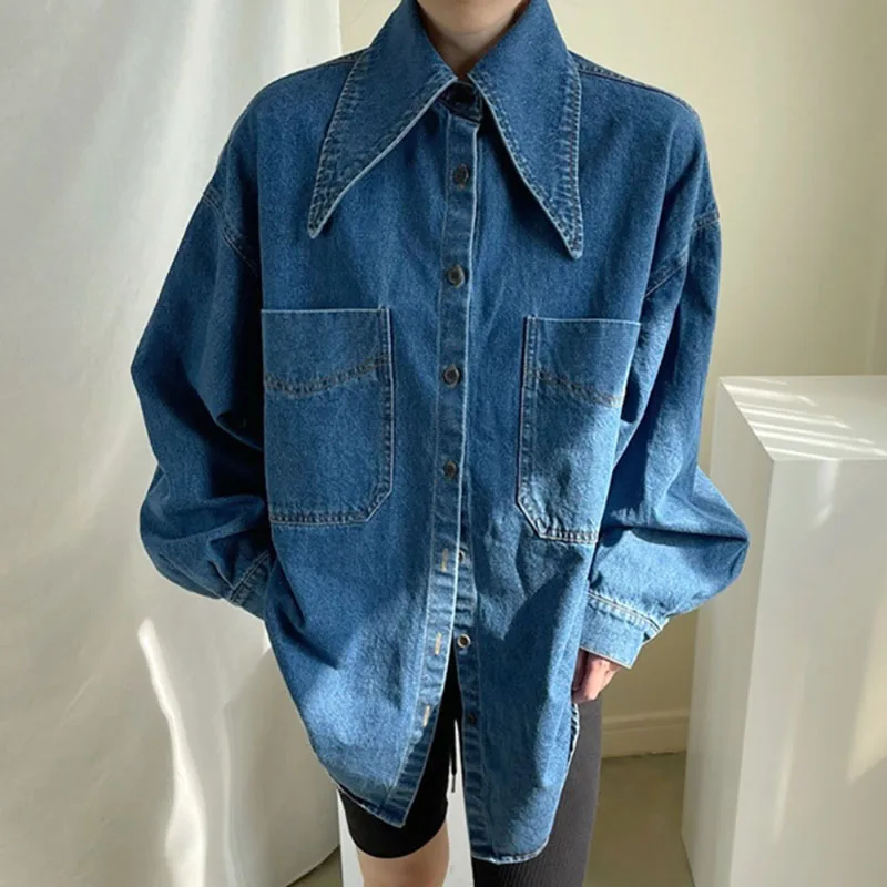 Korean Fashion Blue Denim Shirt Simple All-Matching Pop Pointed Collar Single Breasted Loose Big Pocket Washed Blue Denim Blouse