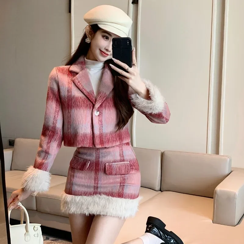 

Autumn Winter Mini Skirt Suit Plaid Spliced Women Casual Wool Jacket + Mini Skirt Office Ladies Two Piece Sets Fashion Clothing