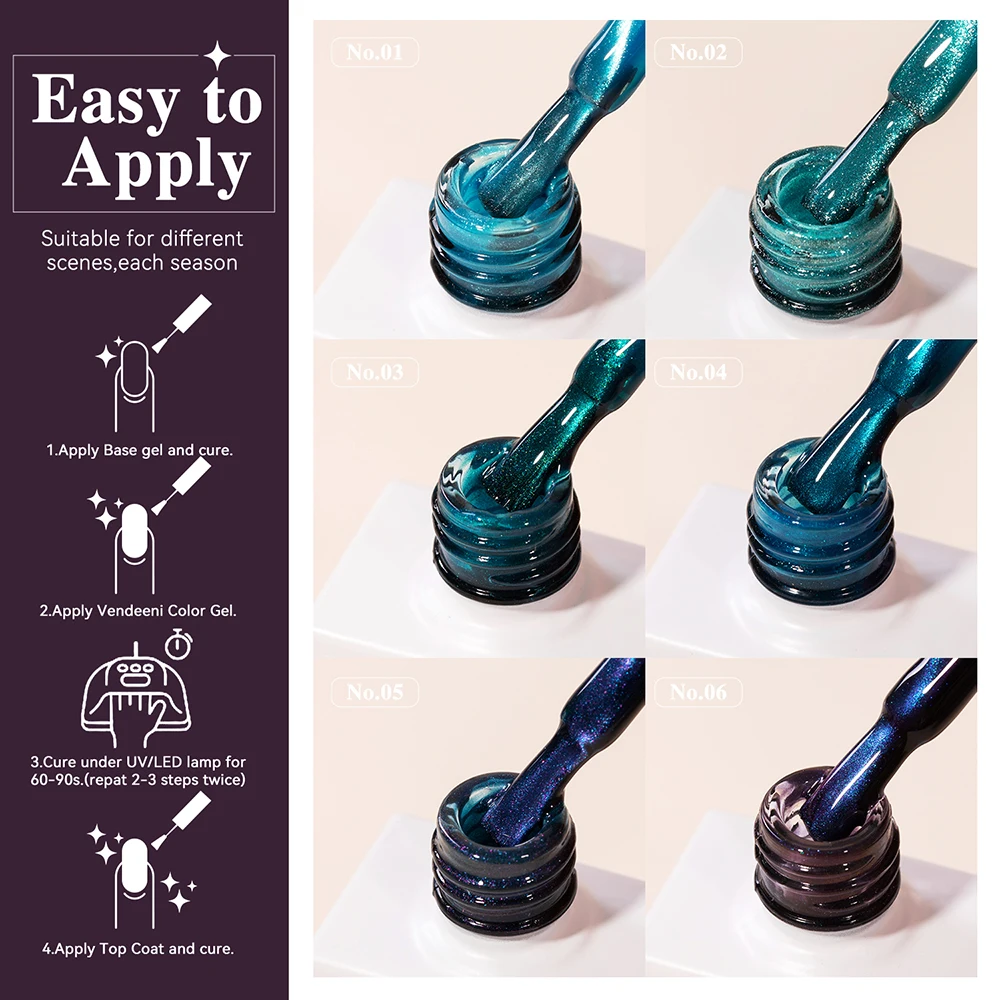 

Vendeeni 6 Colors/set Sapphire Pearl Magnetic Cat Eye Manicure Blue Crystal Gel Nail Polish With Color Card TPO/HEMA FREE