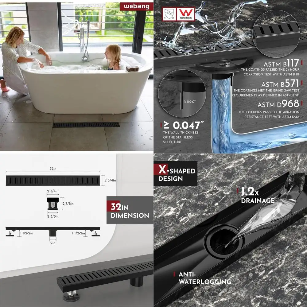 

32 Rectangular Linear Shower Drain with Matte Black Capsule Pattern Cover, Removable Grate, SUS304 Stainless Steel, CUPC Certifi