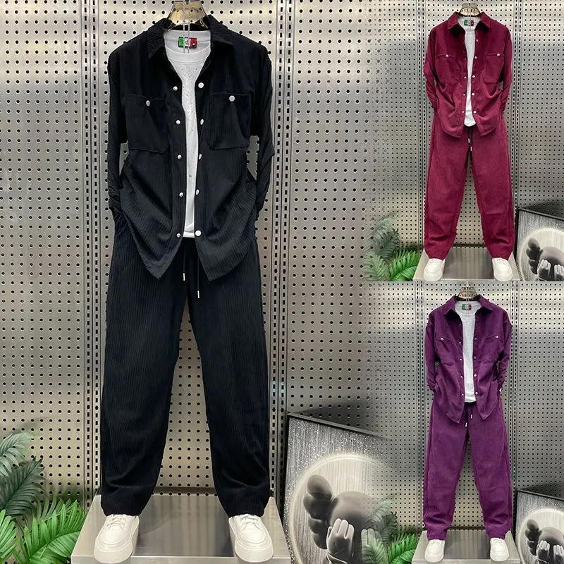 Autumn Winter Thickened Lapel Solid Color Corduroy Casual Suit Trendy Men's Fashion Versatile Jacket Trousers Two-piece Set