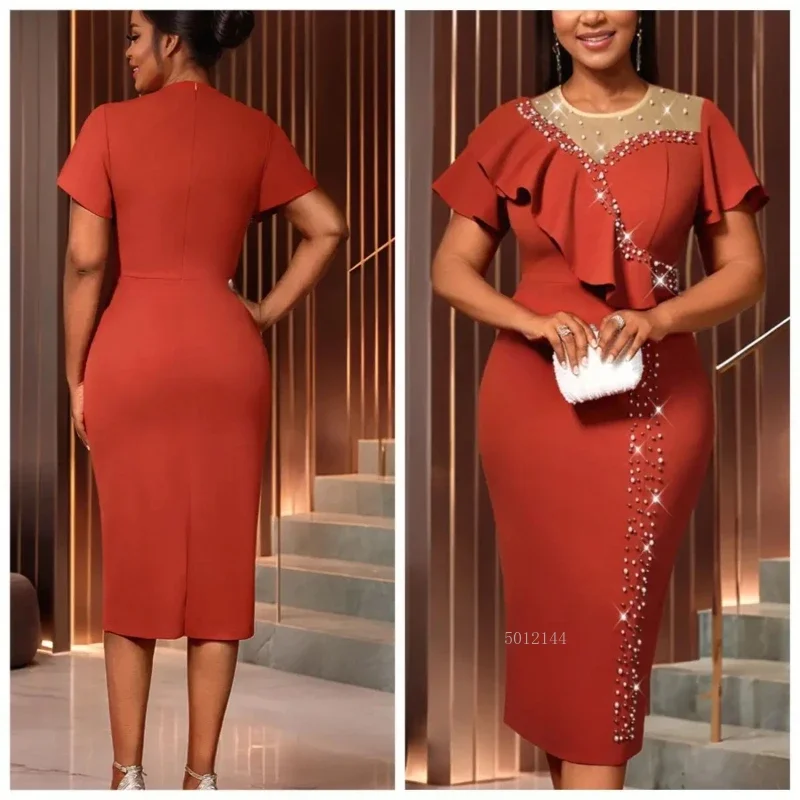 Elegant Chuch Dresses Women Bodycon Beaded Ruffles Short Sleeves Mesh Patchwork Neckline Party Wedding Guest Brithday Business