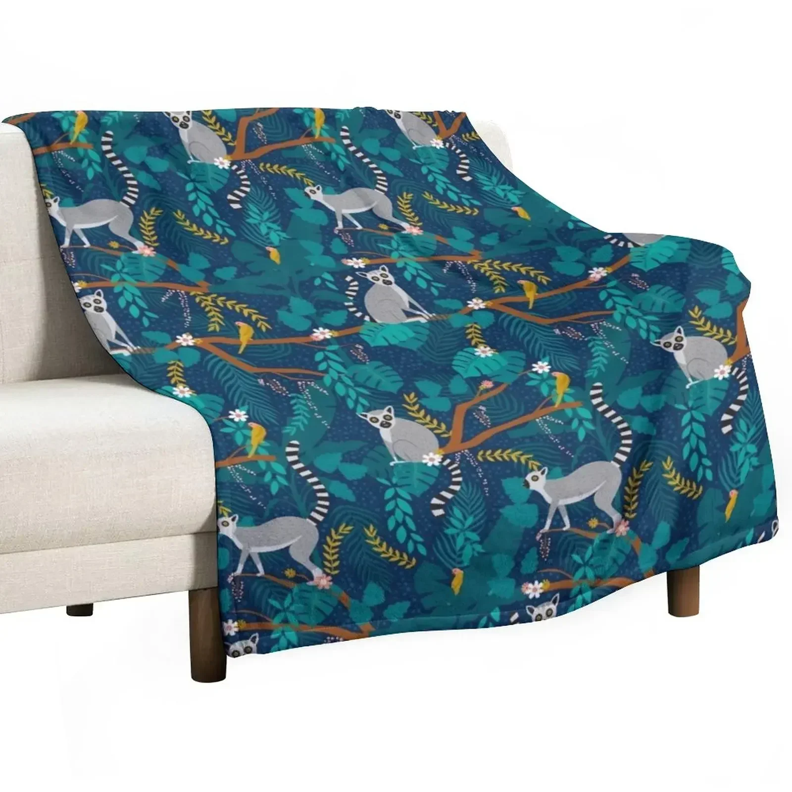 Lemurs in a Blue Jungle Throw Blanket Decoratives Quilt Soft Beds Blankets