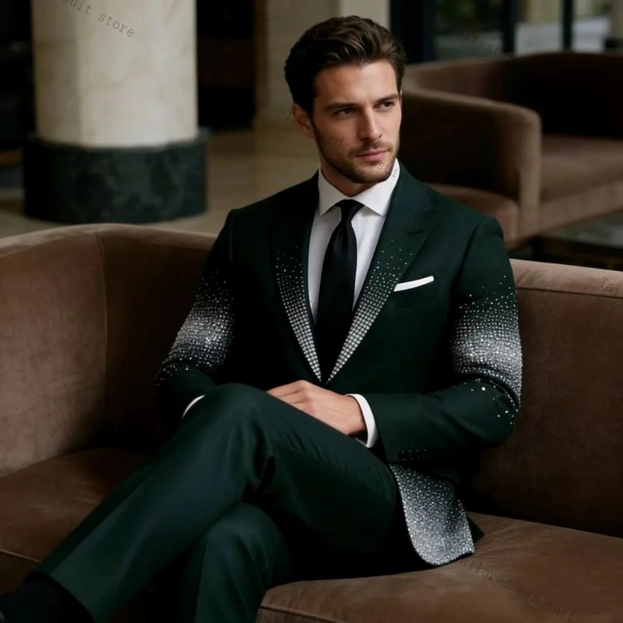 

Green Men Suits Pants Set 2 Pcs Crystals Blazer+Cotton Trousers Groom Wedding Tuxedos Jacket Formal Office Business Coat Outfit