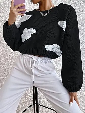 New Female Clothing Outfits for Women Cloud Pattern Turtleneck Long Sleeved Short Sweater Casual Fashion Elegant Street Style