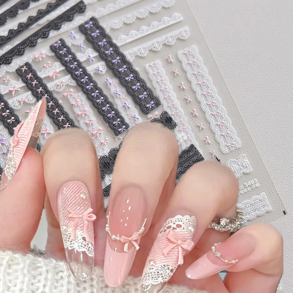 3Pcs Set Bow Lace Nail Stickers with Sweet Hearts 3D Self Adhesive Nail Art Stickers Decals Japanese Winter Knit Lace Decoration