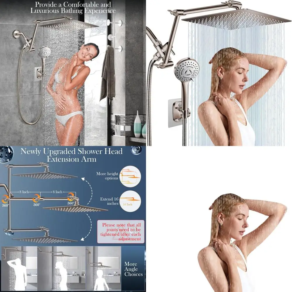 16 Adjustable Shower Arm with 12 High-Pressure Rainfall Head and 5-Mode Handheld, Nickel
