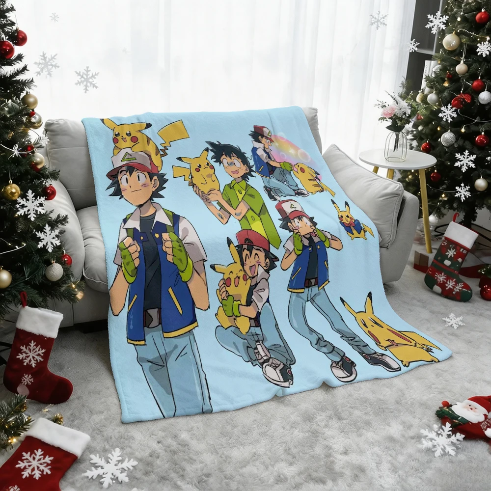 Pokemon Ash Pikachu Flannel Blanket Soft Warm Throw Blanket for Sofa Bedroom Home Gift