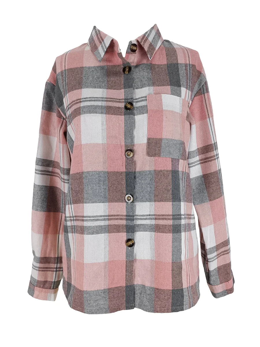 Y2K Damen-Karohemd, langärmelig, Bluse mit Knöpfen, lässige, lockere Oberteile, Oversize, rosa Karomuster, Streetwear, Herbst – Detail 4
