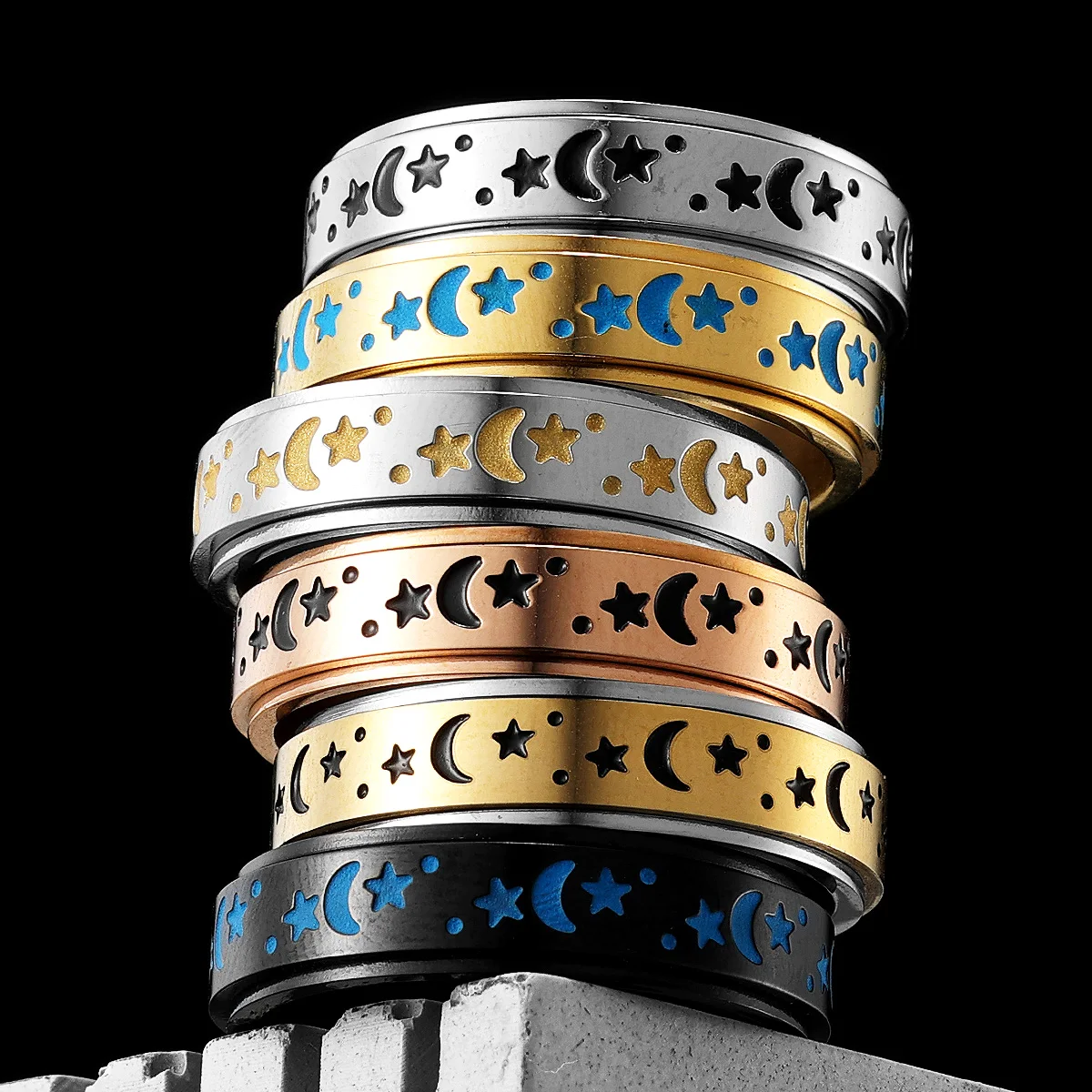 Starry Night Stars Moon Luminous Men Rings Stainless Steel Punk Luxury New In Women Jewelry Fashion Accessories Gift Wholesale